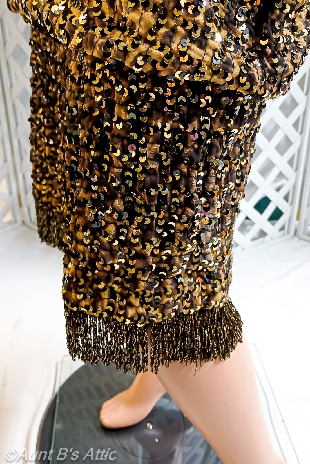 Vtg 80’s Damianou Br/Blk/Gold Leopard Print Sequin 20’s Style Drop Waist Dress L