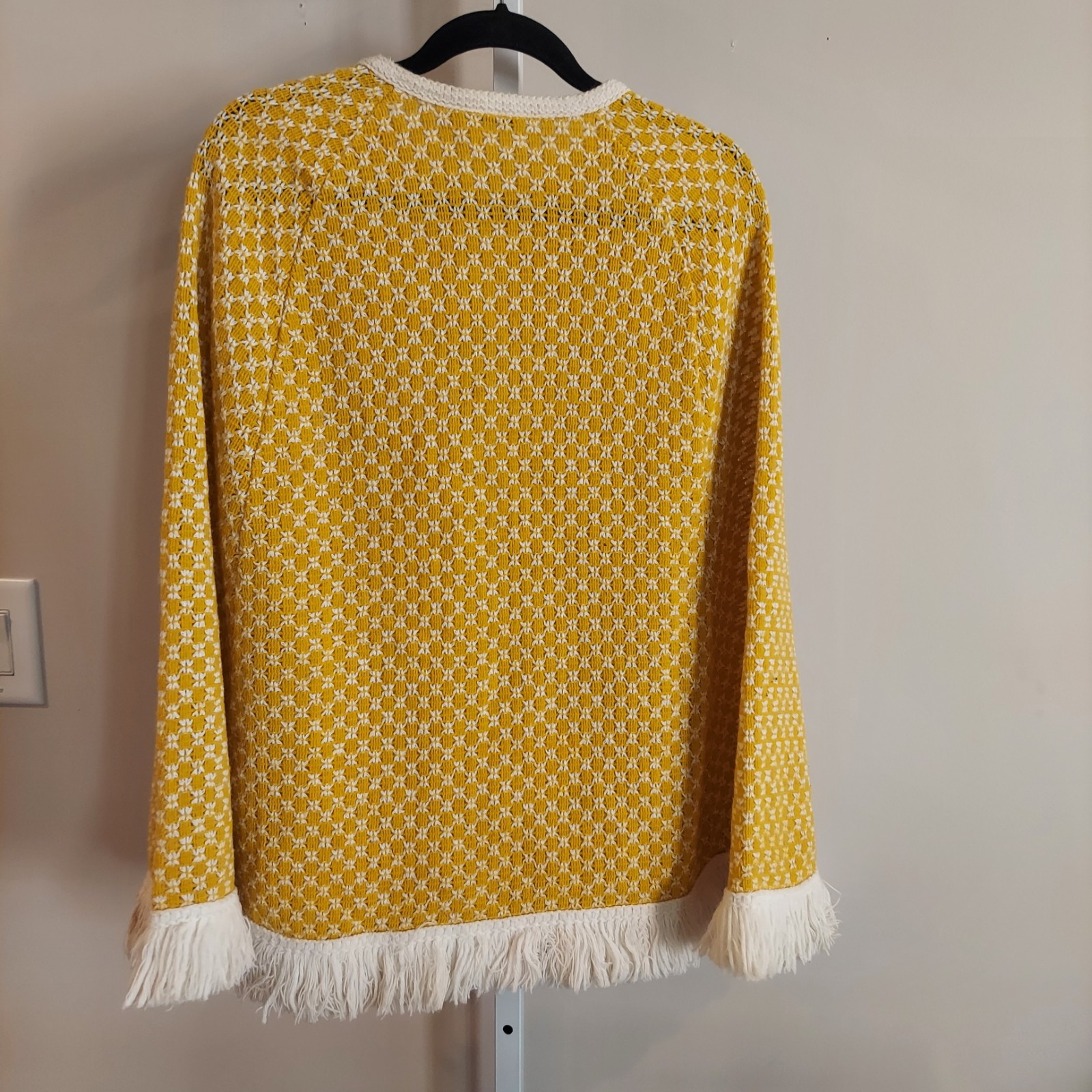 Vintage Crochet Fringe Poncho (stain) Yellow Cream Button Up Arm Holes Union