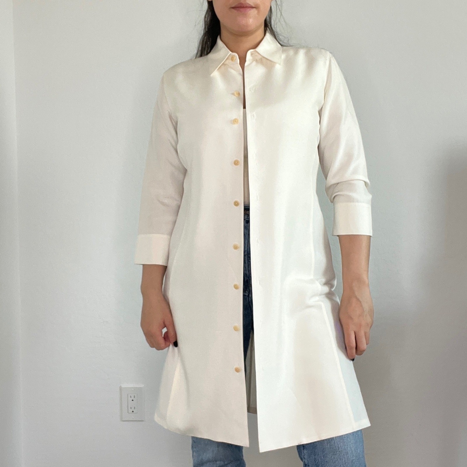 Barry Bricken Shirt Dress Women XS Cream 100% Silk Longline Button Front Vintage