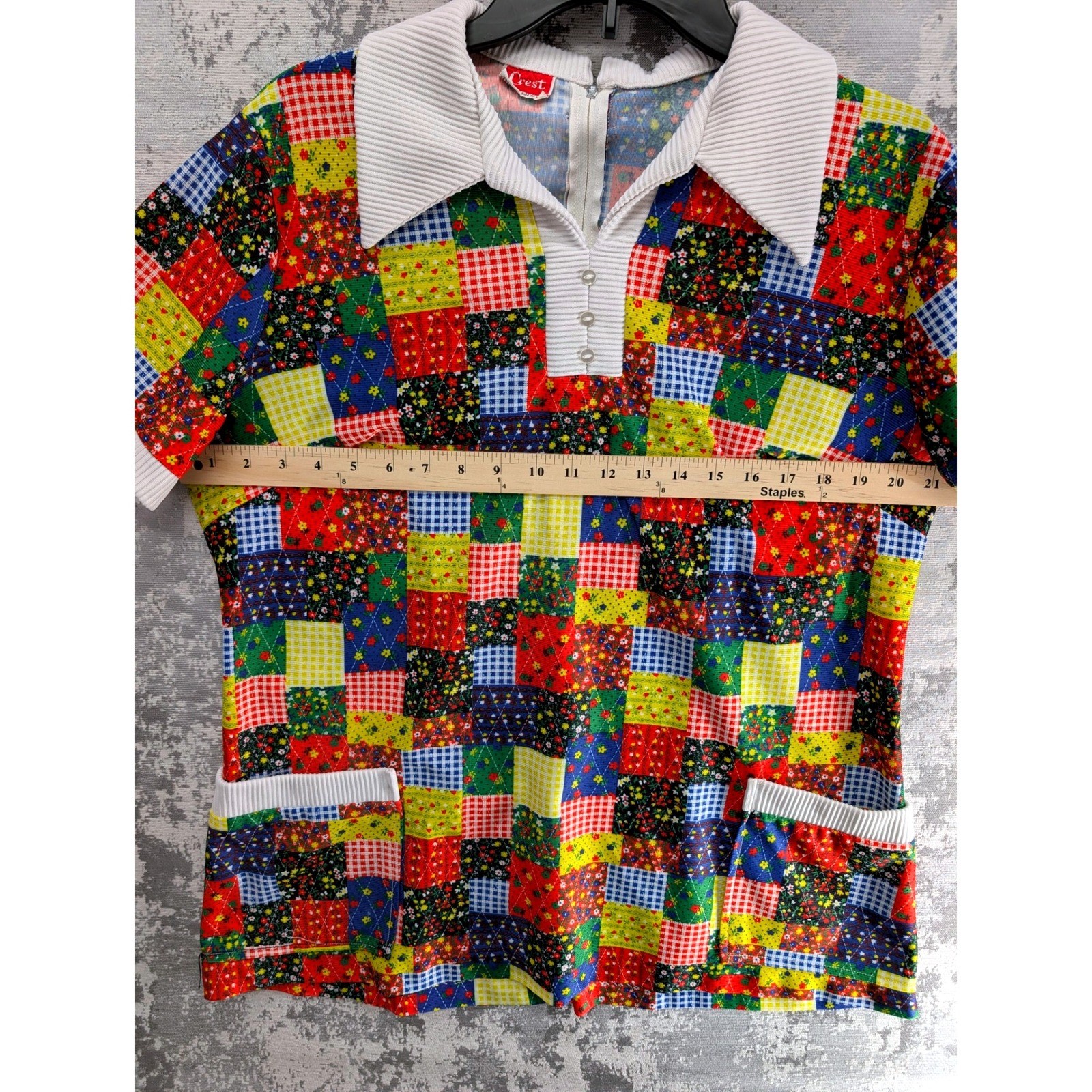 Vtg Crest Patchwork Quilt Print Collared Short Sleeve Tunic Top Pockets Large