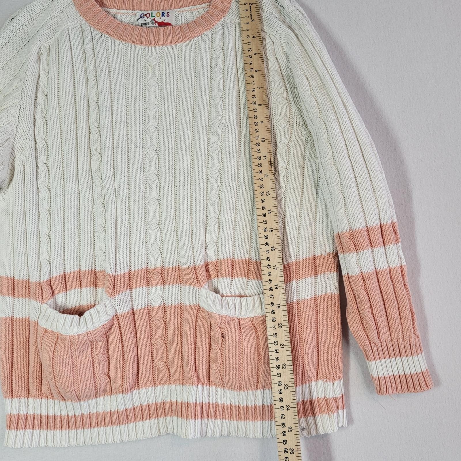 Vintage 90s Cable Knit Varsity Tennis Sweater Pink Cream Womens M Distressed
