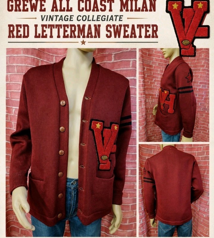 Grewe all coast Milan Vintage Collegiate RED Letterman Sweater FITS M „VH” #E