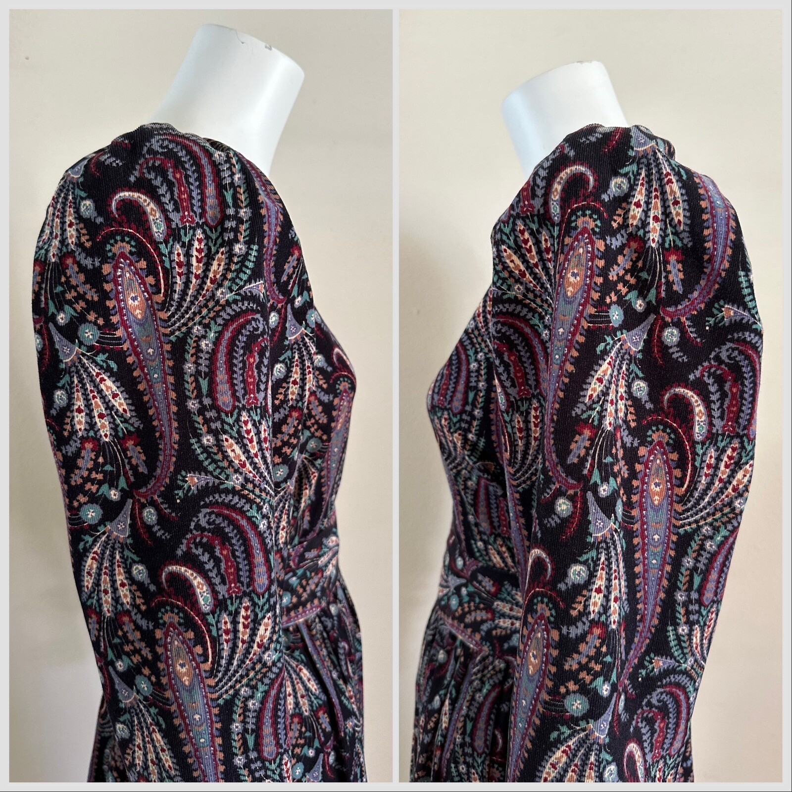 1980s Laura Ashley Paisley Floral Corduroy Dress Puff Sleeve Party Prairie VTG