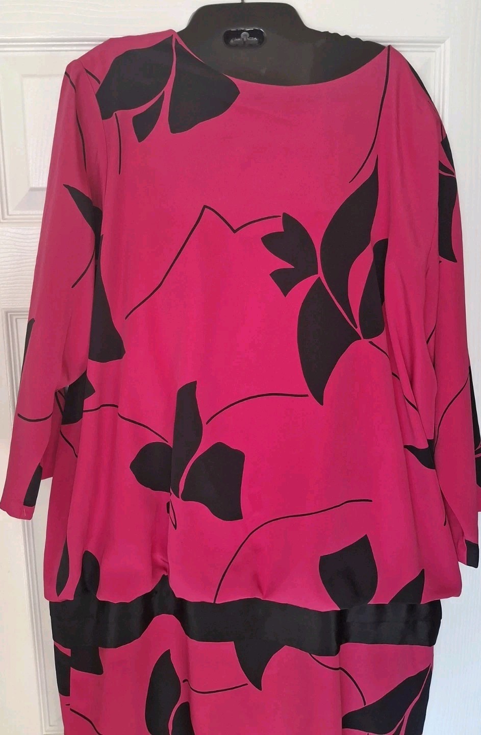 Vintage 80s O’Bryan Blouson Dress Size 20 Drop Waist Pink Black Floral Print