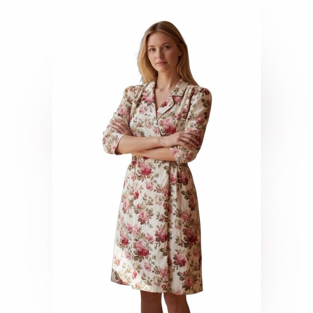 Vintage 80s Floral Cottagecore Midi Dress Women Size 11/12 Rose Print Prairie