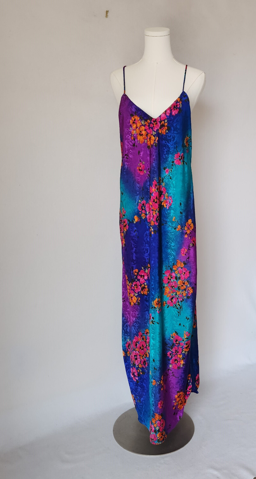Vintage Y2K Circa 2000 USA Floral Satin Maxi Slip Dress Straps Multicolor Sz.M