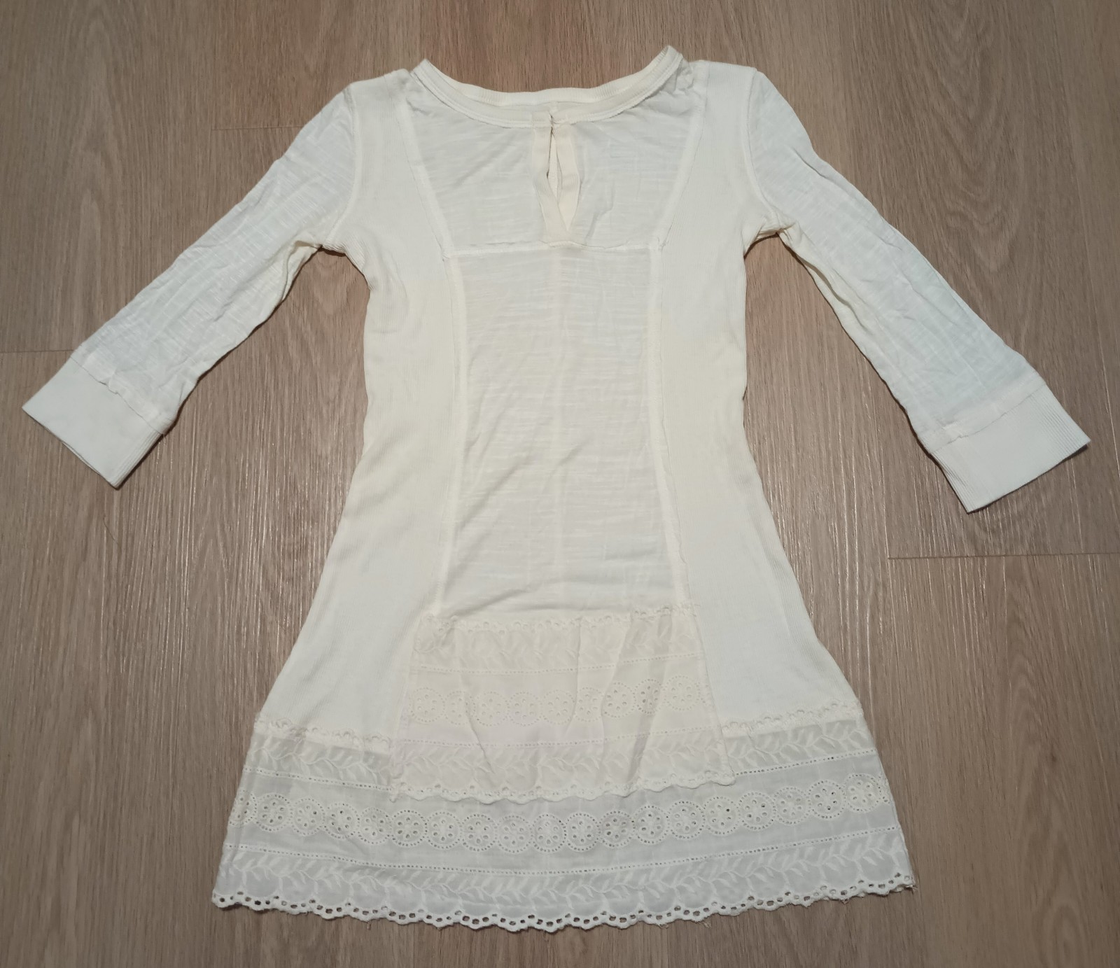 Vtg Cream Beige Pointelle Knit Long John thermal Mini Boho Dress sleepwear XS