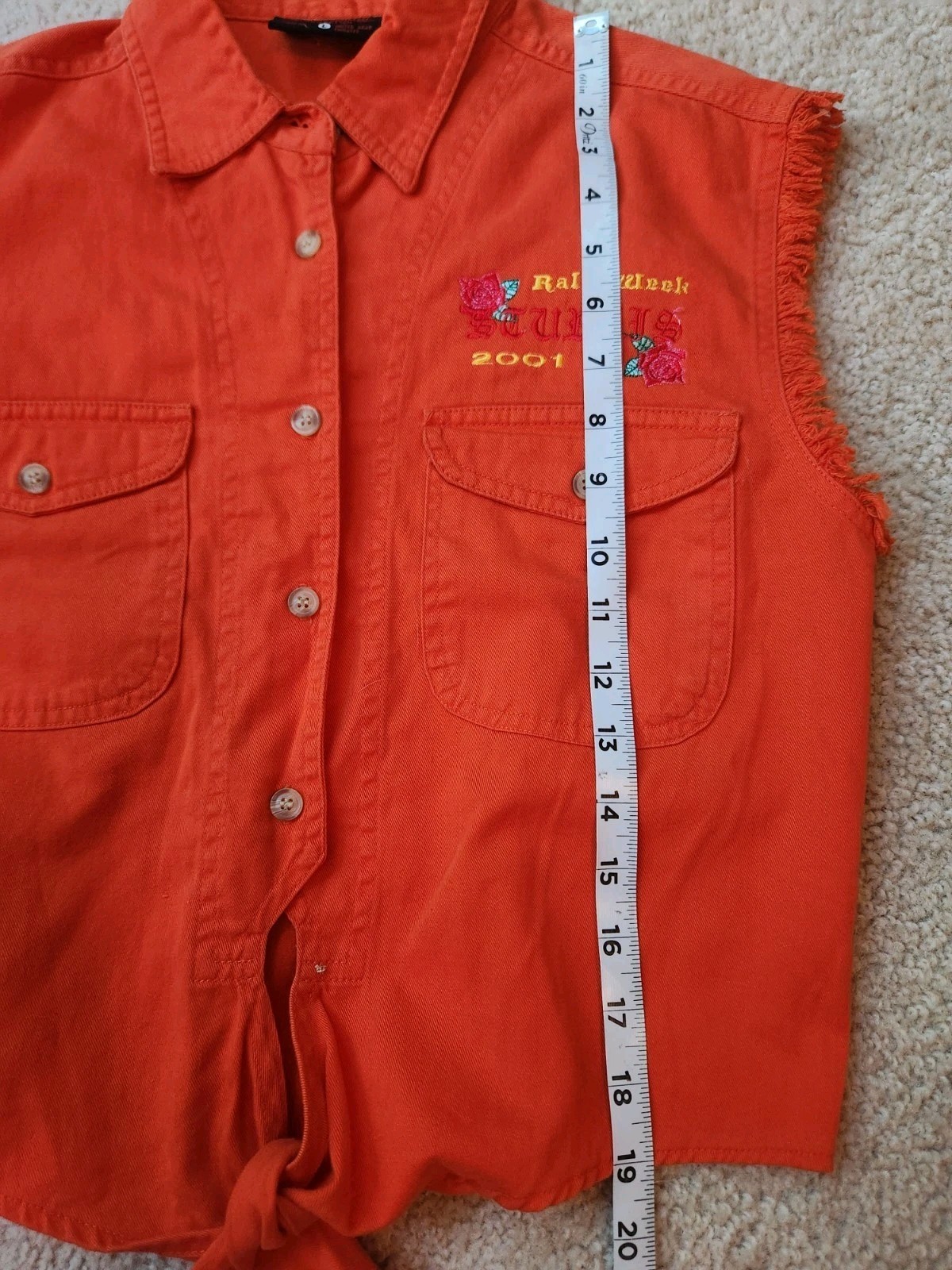 Vtg Sturgis 2001 Biker Rally Sleeveless Frayed Edge Vest Shirt Orange Crop Larg