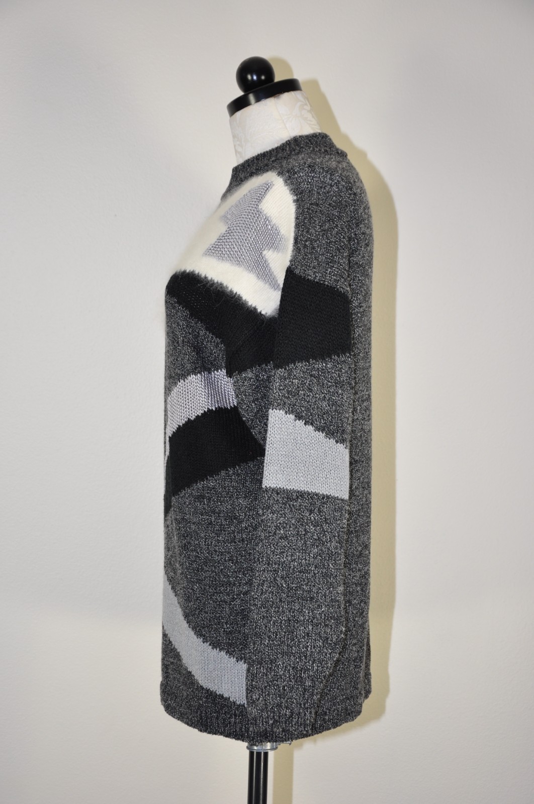 90s Vintage Gray Angora Rayon Colorblock Crewneck Boyfriend Sweater Women M L
