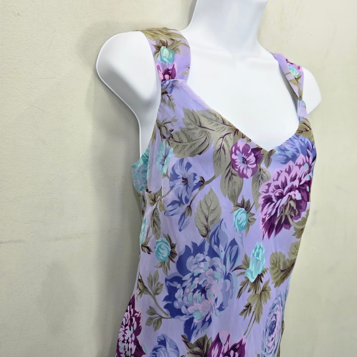 Vintage Meghan Mathews Midi Dress 10 Lilac Floral Asymmetrical Fairy Y2K Flutter