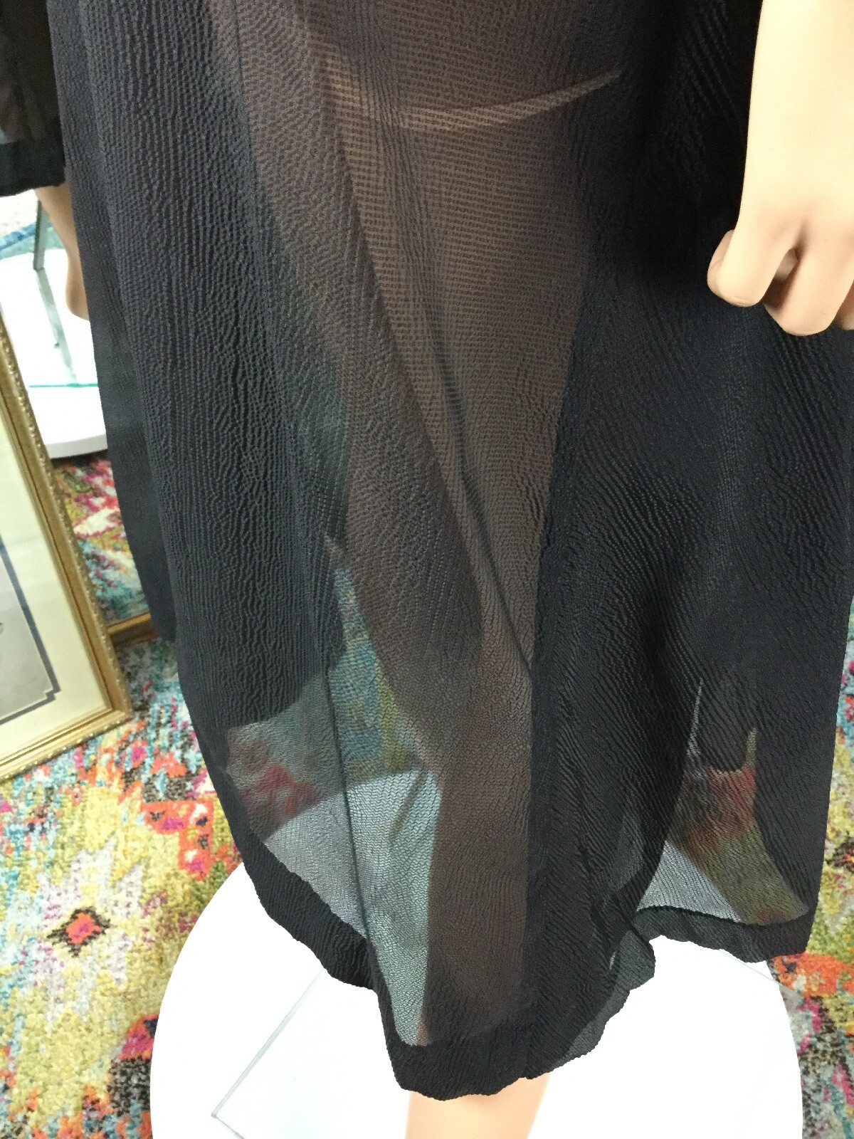 Vtg 20s Black Sheer Dress Sz 10 Layered Front Flapper Style Square Neck 36” Bust