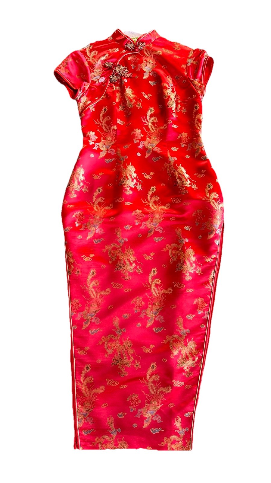 Vintage Chinese Silk Cheongsam Qipao Red Dragon Phoenix Dress Long Women’s XL