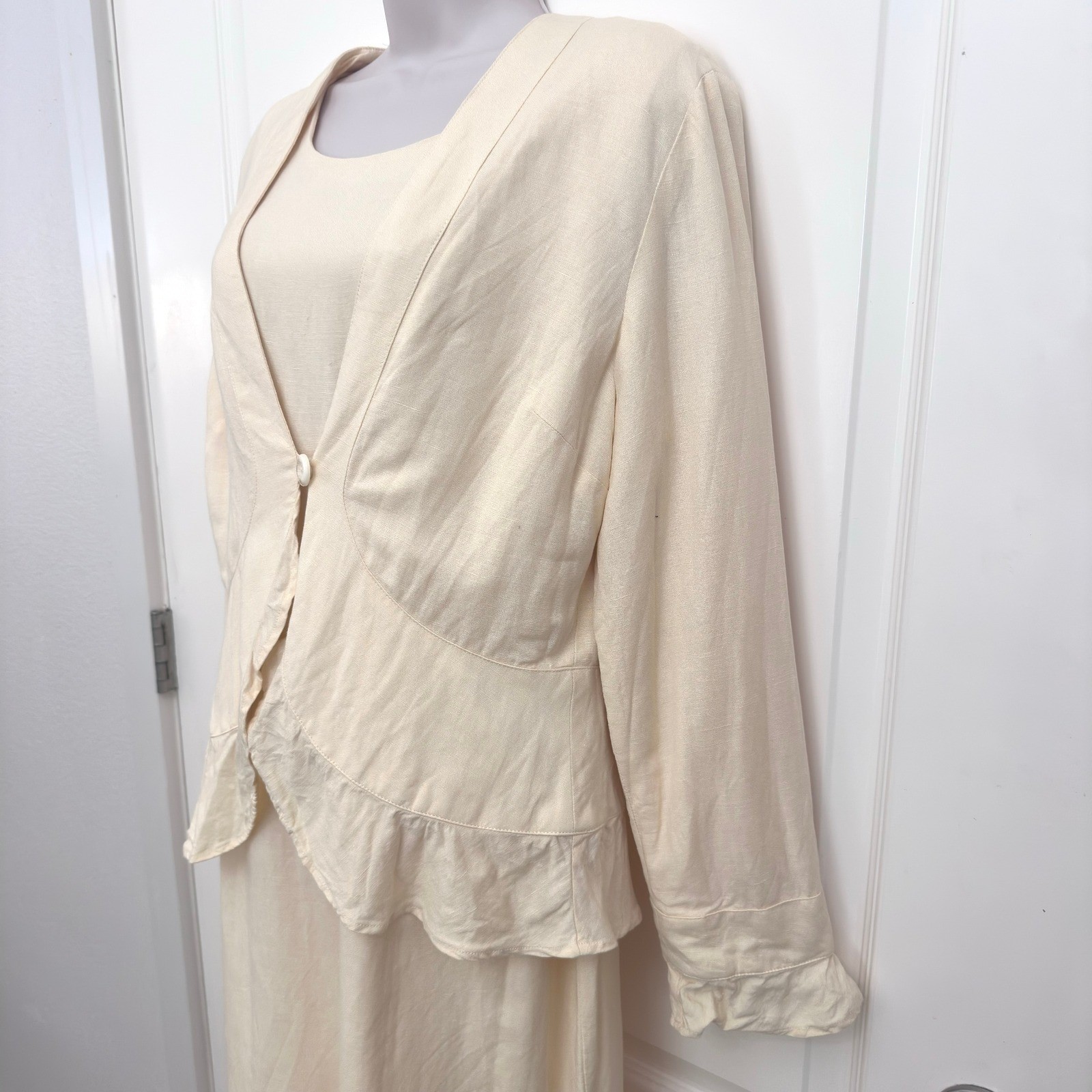Coldwater Creek Womens 10 Butter Yellow Linen Dress Jacket Suit Ruffle