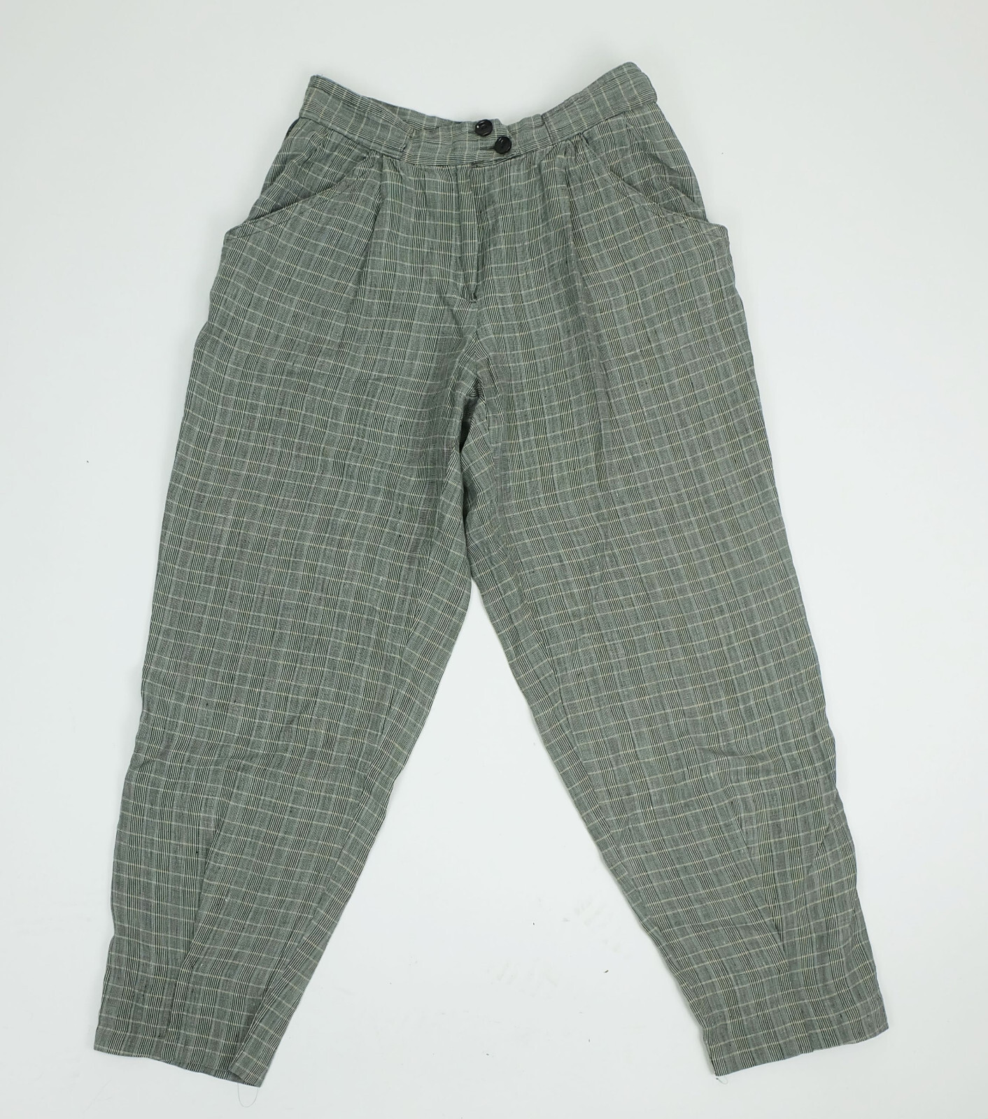 Vintage 1980s Linen Pants RENE LEZARD Plaid Cuffed Wide Leg Pants 38/40