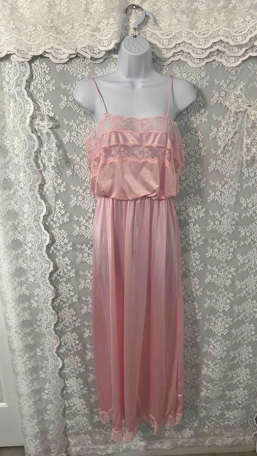 Vtg Pink FLAIR LINGERIE By Dianne Keesee NYLON LACE Satin NIGHTGOWN/Sz m