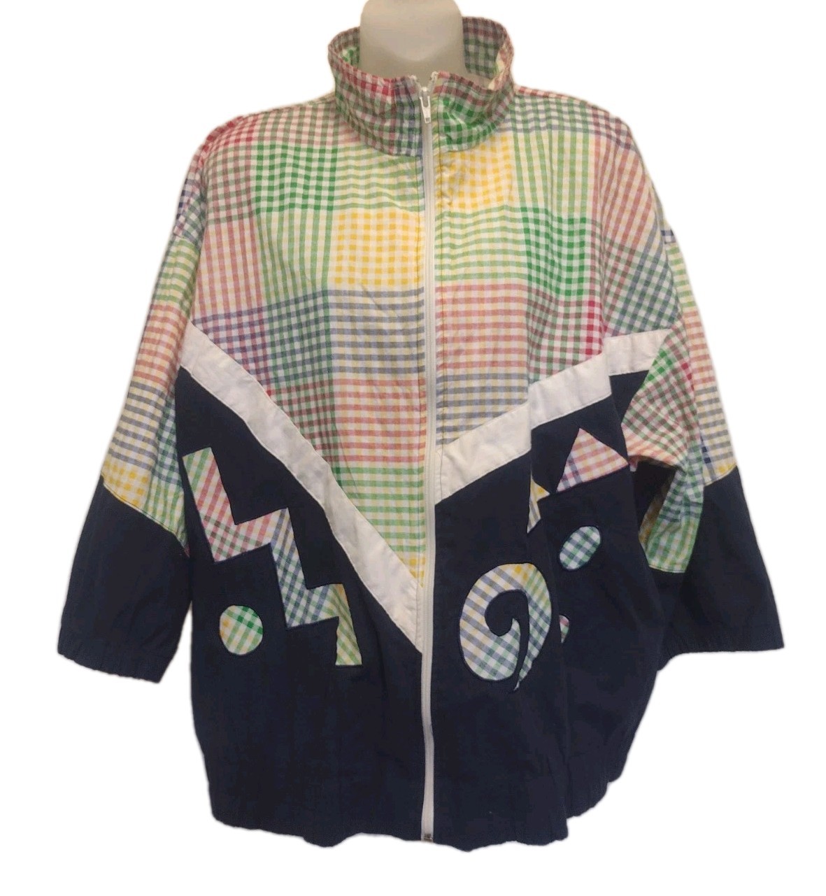 Vintage Adolfo Sport Colorblock Jacket XL Geometric Gingham Zip Memphis 80s