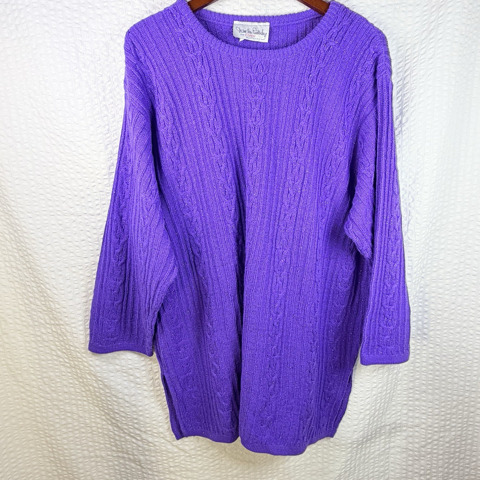 Vintage Diane Von Furstenberg Color Authority Cable Knit Sweater Purple 1X/2X