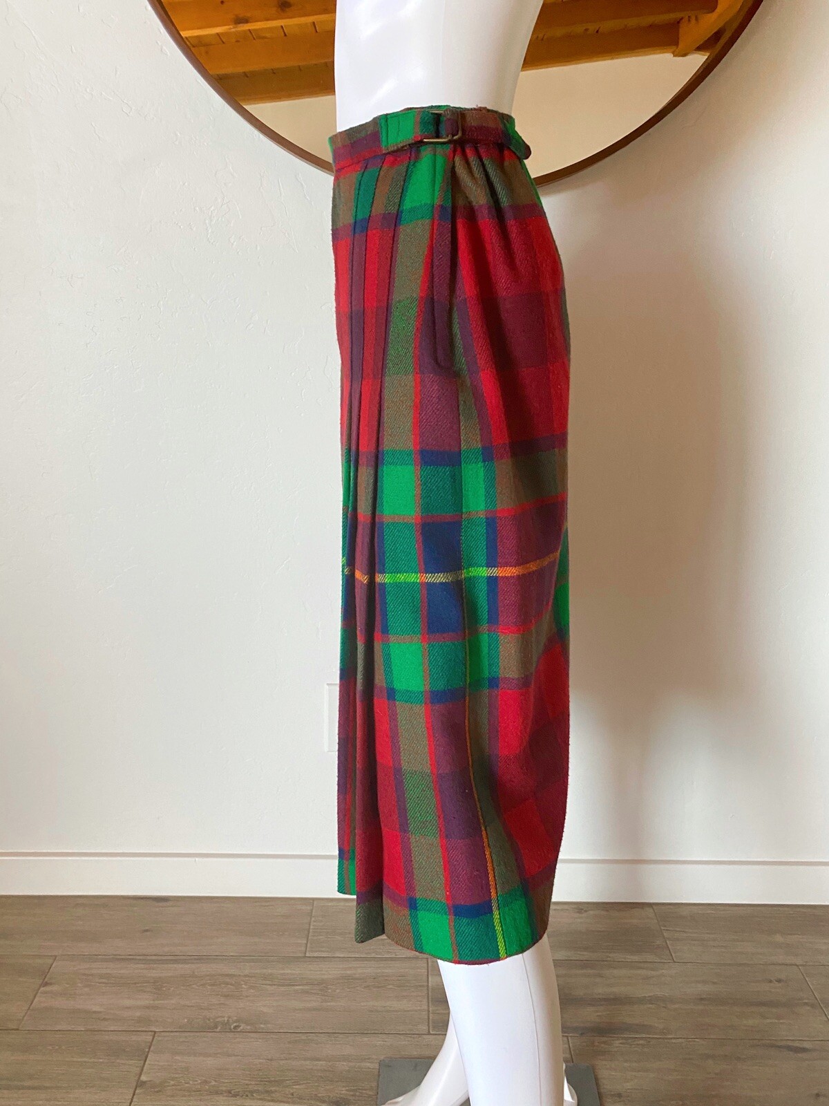 VTG 80’S HABERDASHERY PLAID SKIRT WOOL FRONT PLEAT SIDE ZIP BUCKLE FITS 26-28″W