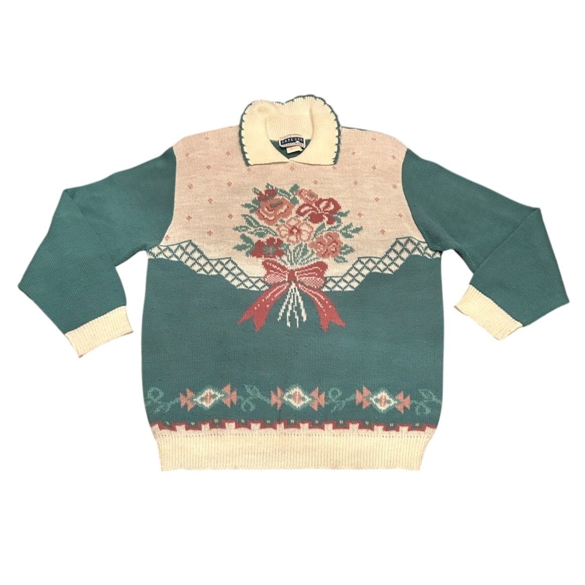 Vintage 90s Cape Cod Sportswear Floral Sweater Med Teal Cottagecore Grandmacore