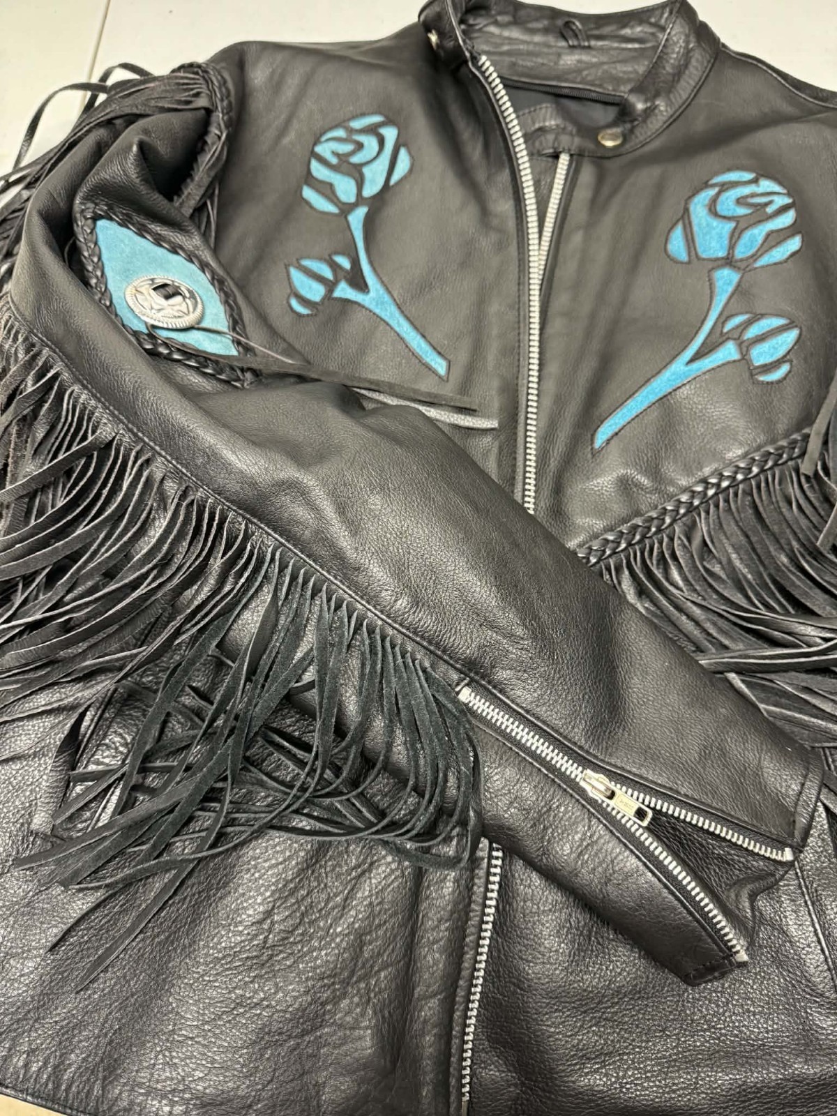 Vintage Black Leather Biker Jacket Women’s Fringe Turquoise Rose Appliqué