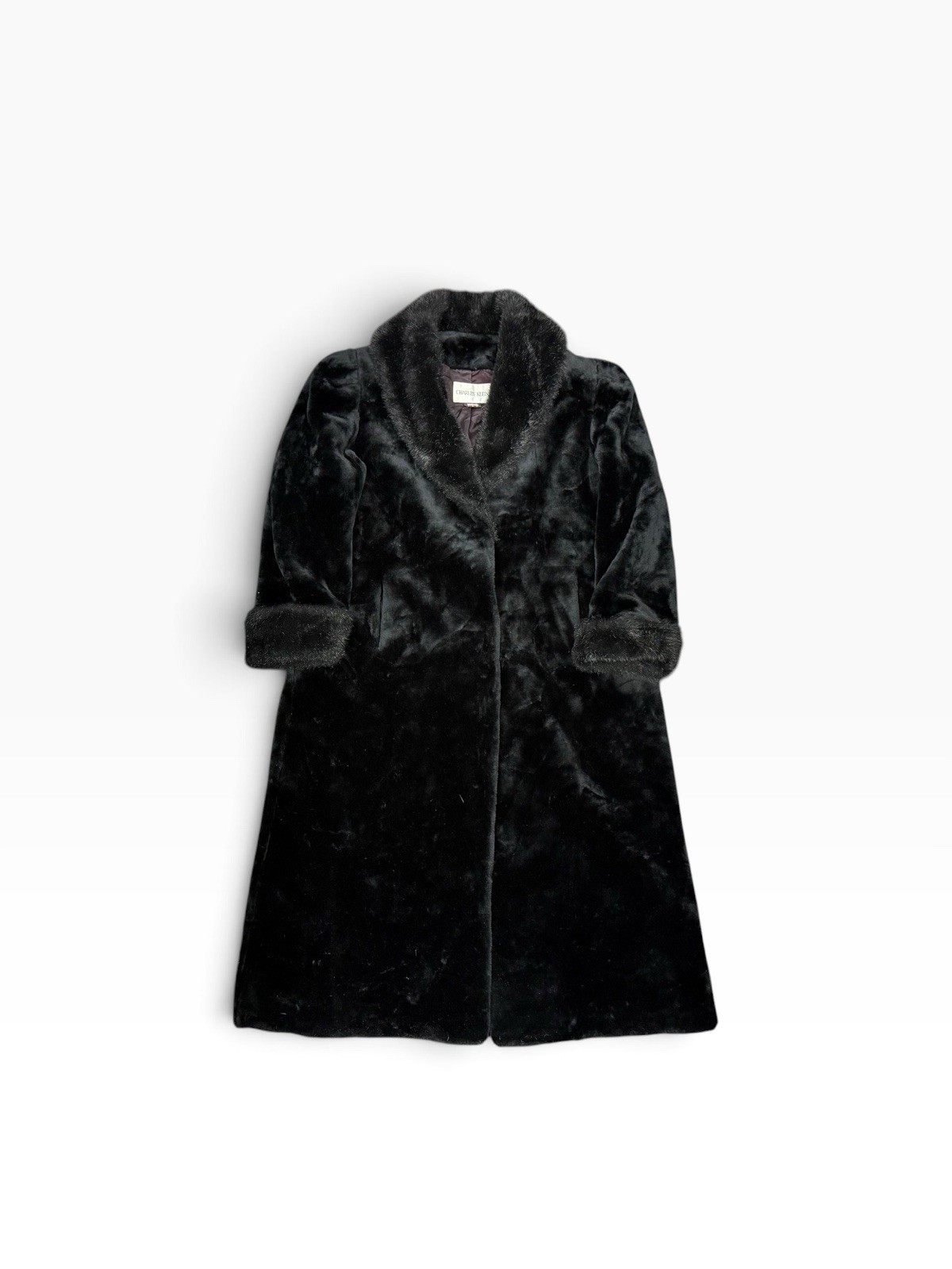 Vintage Charles Klein Black Faux Fur Long Overcoat Size Large Women’s