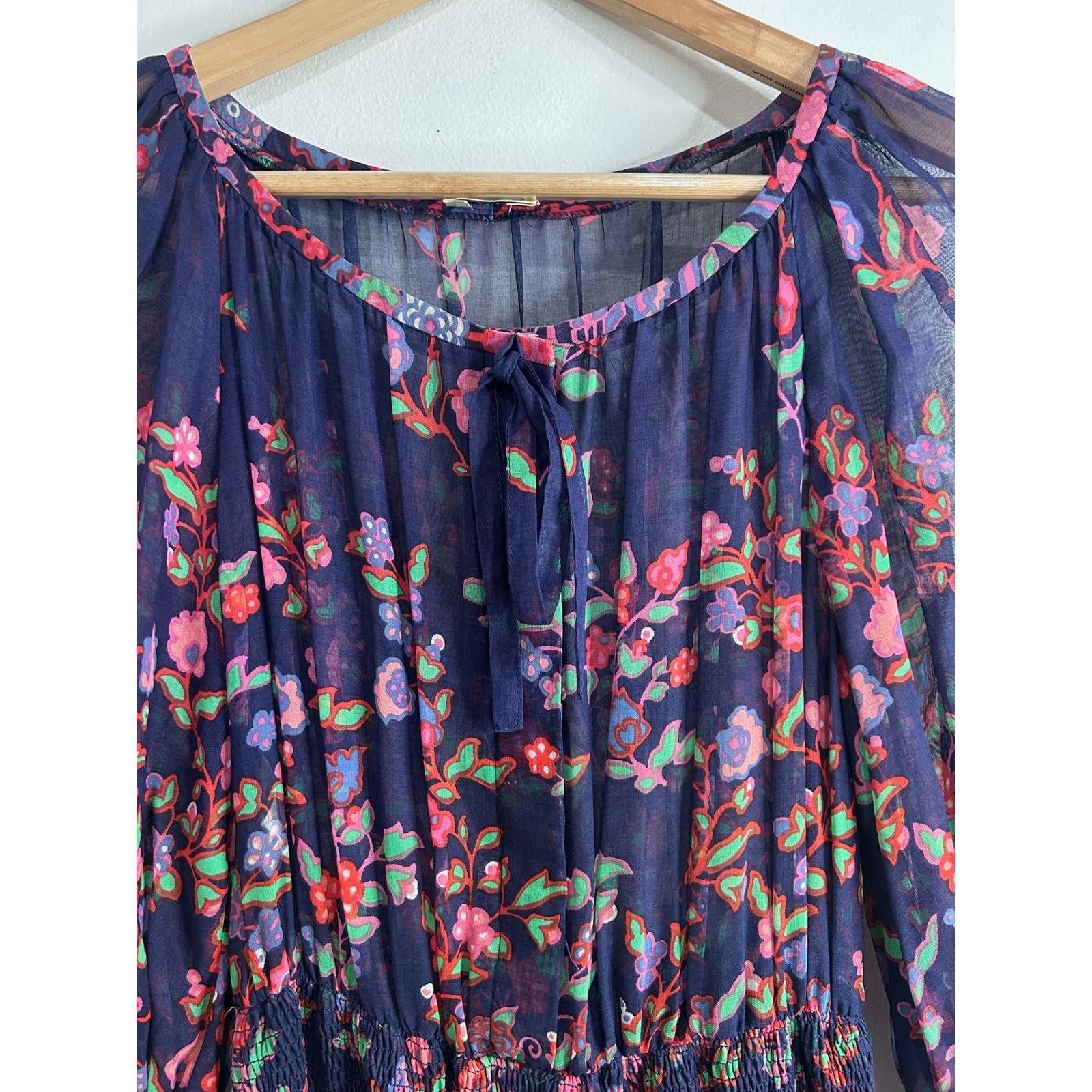 VintageTed Lapidus Paris Floral Dress Sz 42 Navy Blue Boho Ruched Feminine Fairy