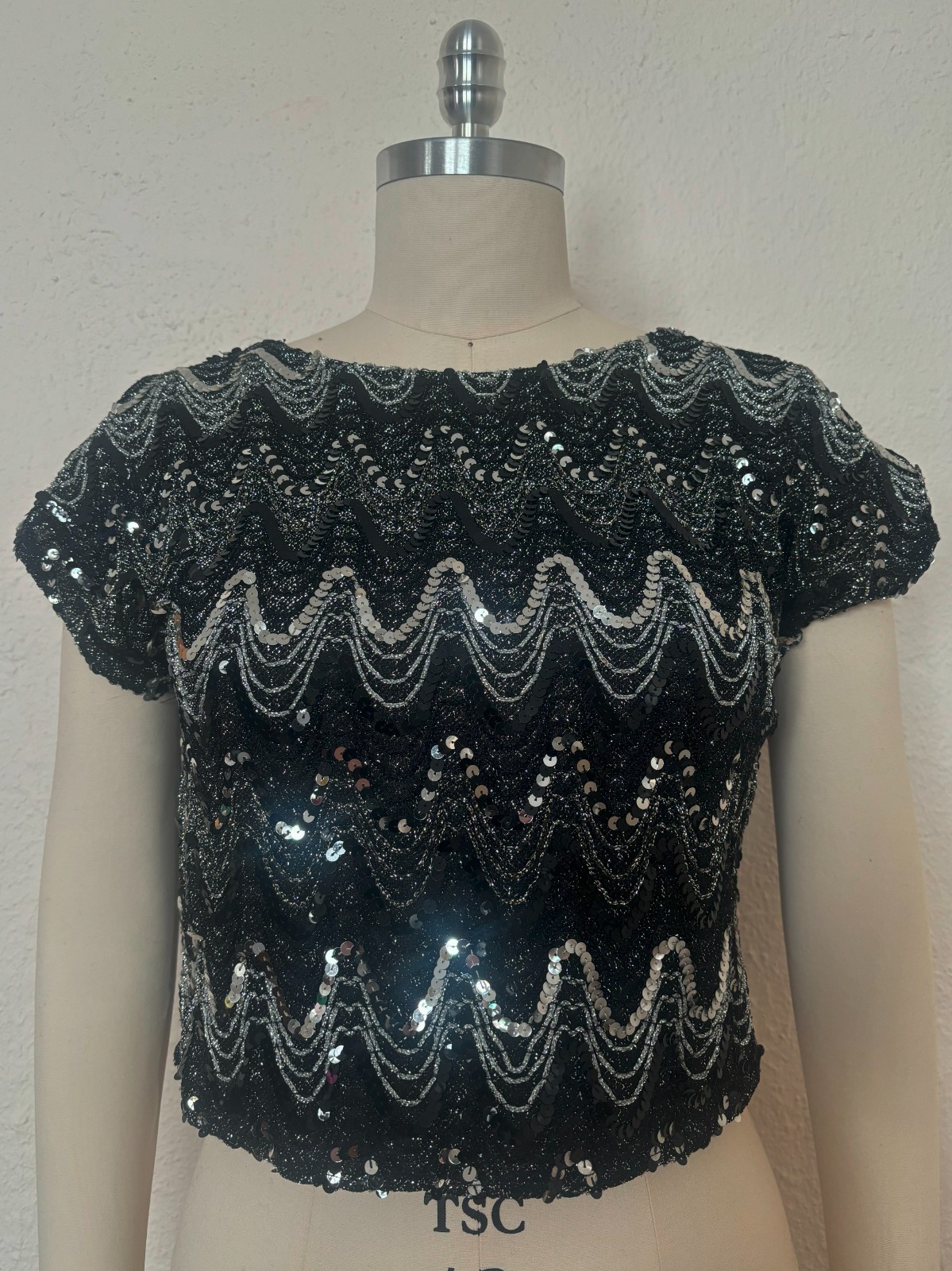 1970s Black and Silver Sequin Crop Top, by Rhoda Lee, Medium to Large