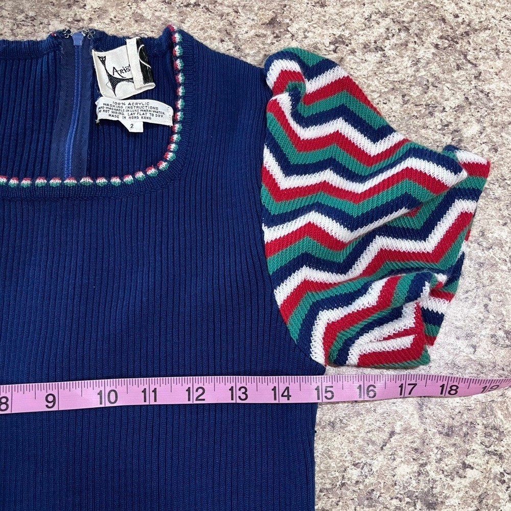 Vintage 1970s Aristo Kat Blue Multicolor Chevron Ribbed Knit Maxi Dress Size 12
