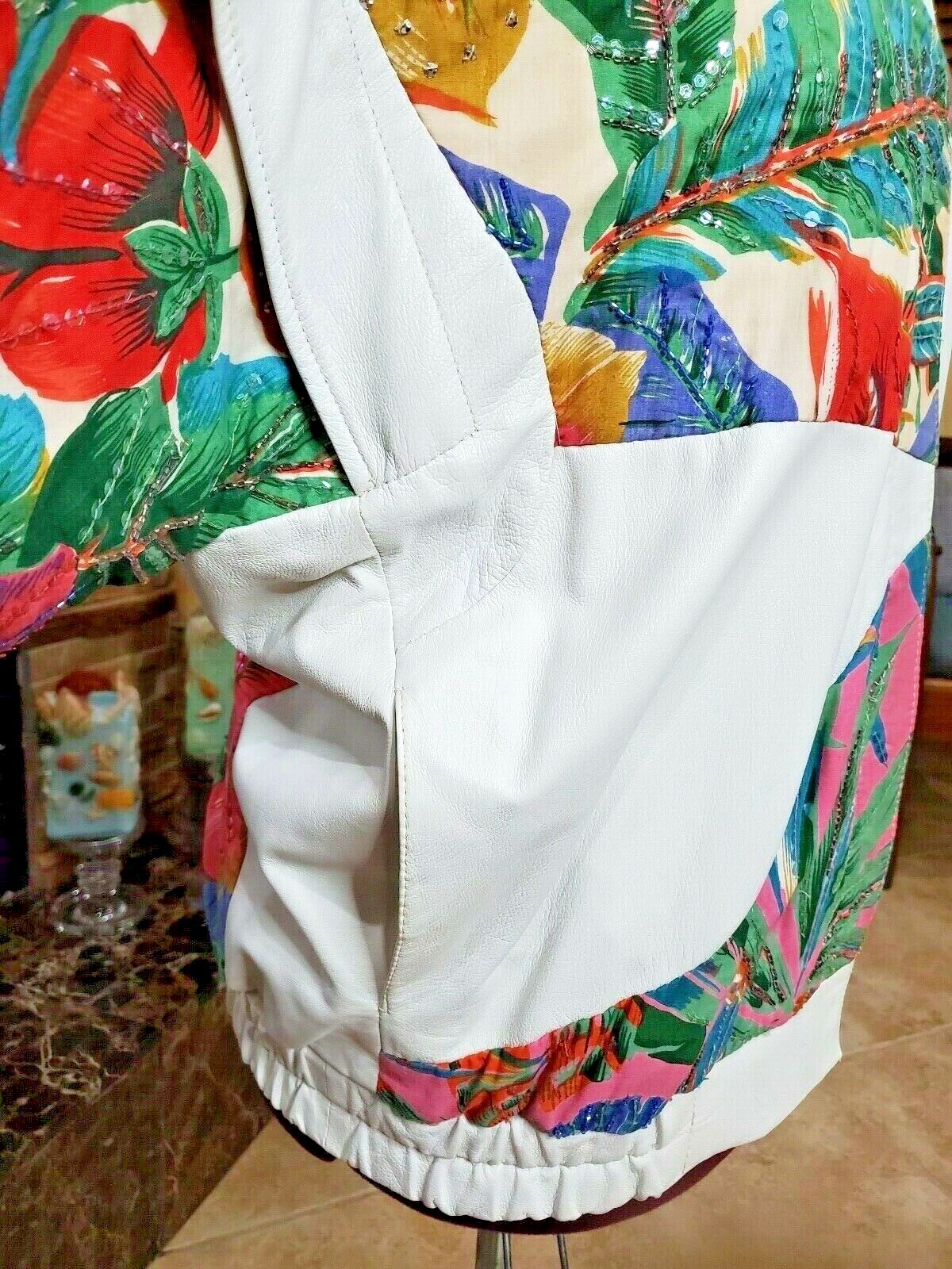VTG Judith Ann Creation Sequin Beaded White Leather Jacket US L 10-2 Linen 90s