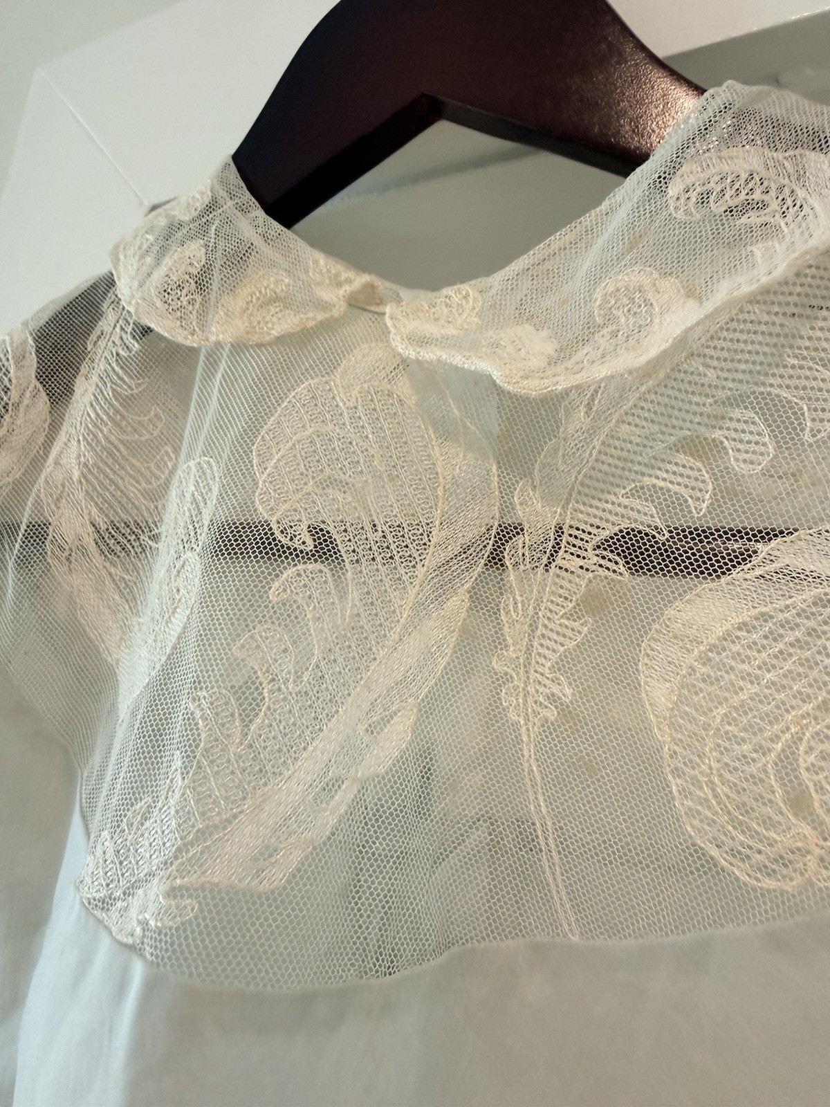 Vintage 1930s Sheer Blue Organdy Blouse Embroidered Lace Ruffle Collar Art Deco