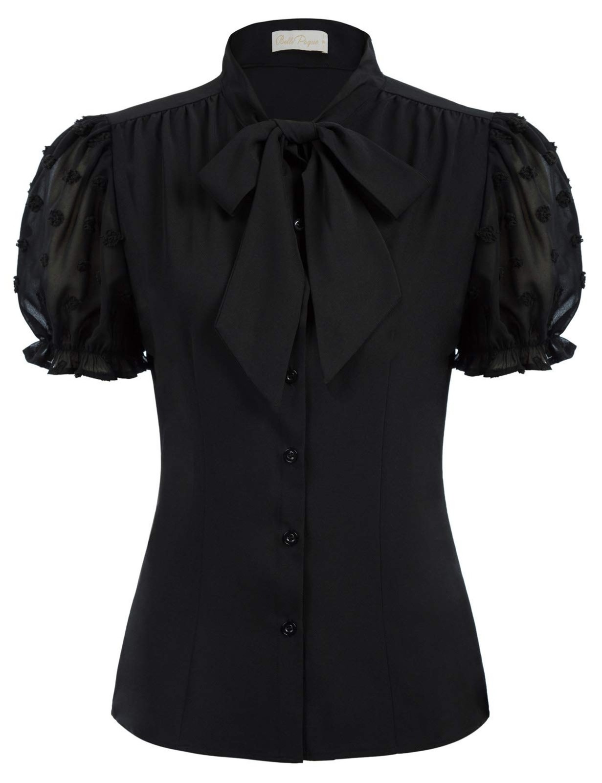 Belle Poque Womens Mesh Puff Sleeves Blouses Vintage Bow Tie Business Tops | …