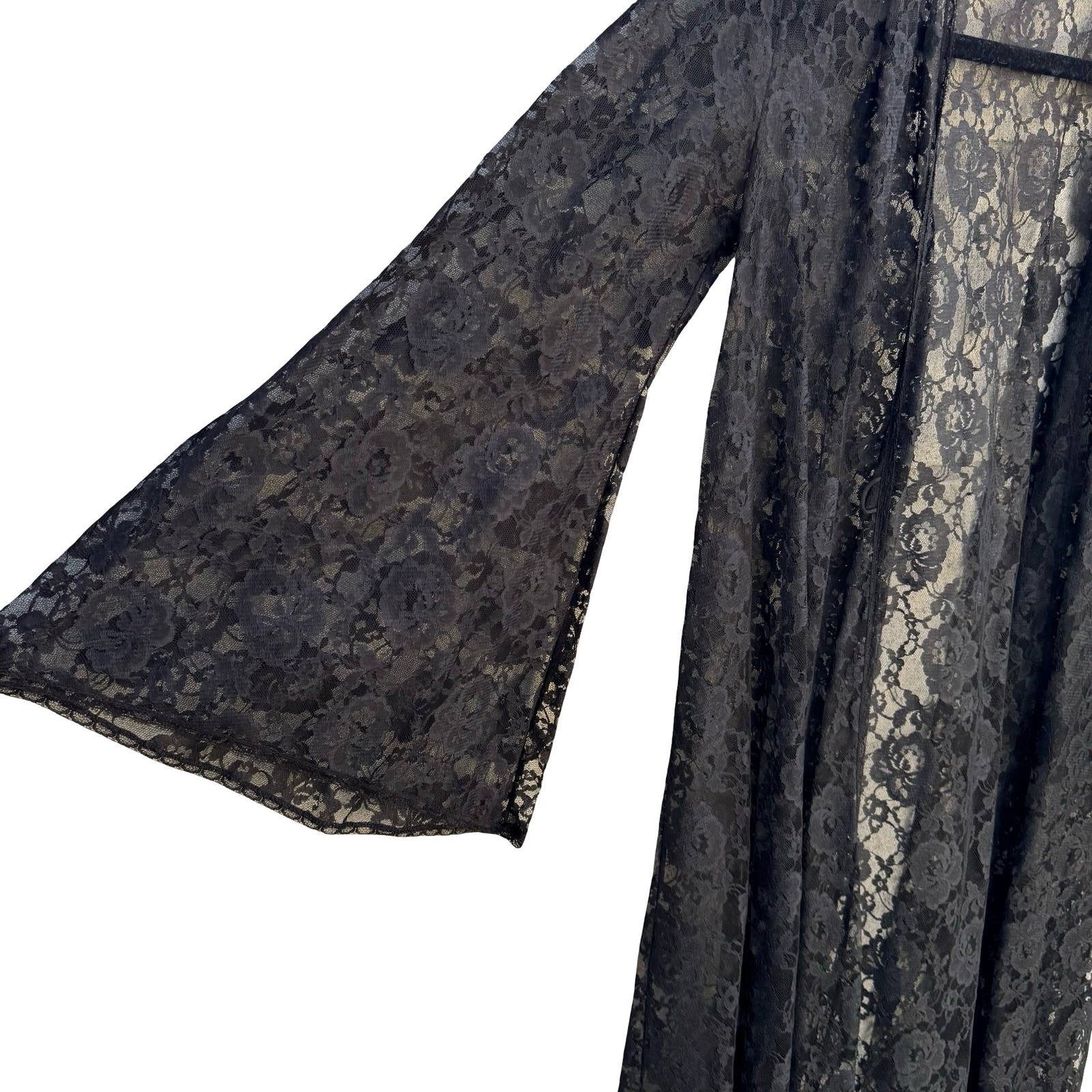 Glydons Hollywood Vintage Black Lace Maxi Duster Robe Bell Sleeve Witchy Goth Sm