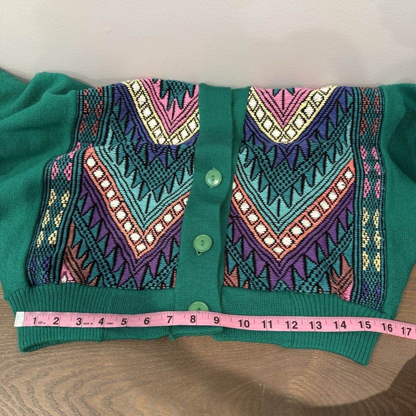 Vintage Handmade Guatemalan Cardigan Sweater Woven Cotton Wool Green Folk Art
