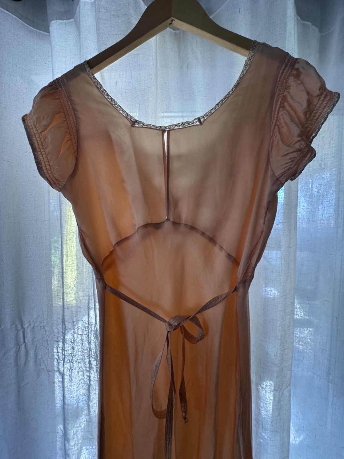 1930s Silk Lace Bias Cut Gown – Peach Blush Sheer Evening Dress Nightgown