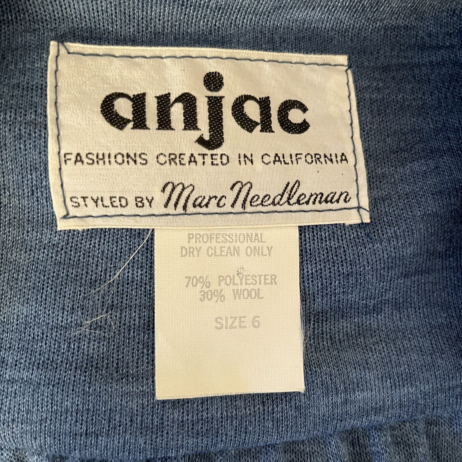 Vintage Anjac Marc Needleman Blue Wool Shirt Dress Hostess Balloon Sleeve Belt 6