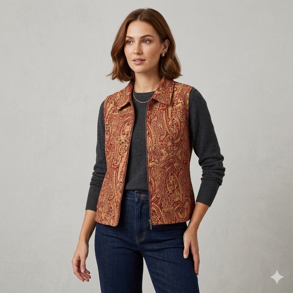 Vintage CJ Banks Womens 2X Plus Size Paisley Tapestry Vest Zip Up Red Gold Boho