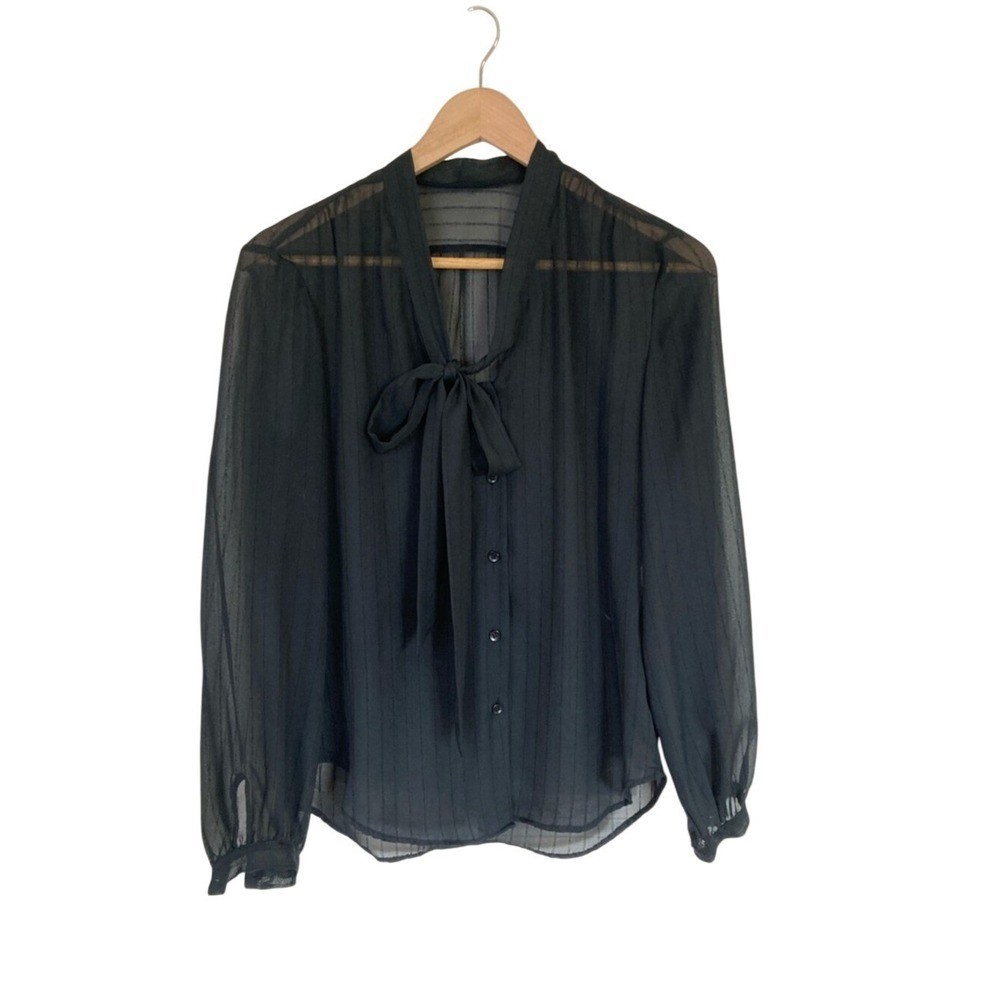 Vtg Gemilli Black Sheer Button Front Tie-Neck Blouse Size 5/6 Long Sleeve Office