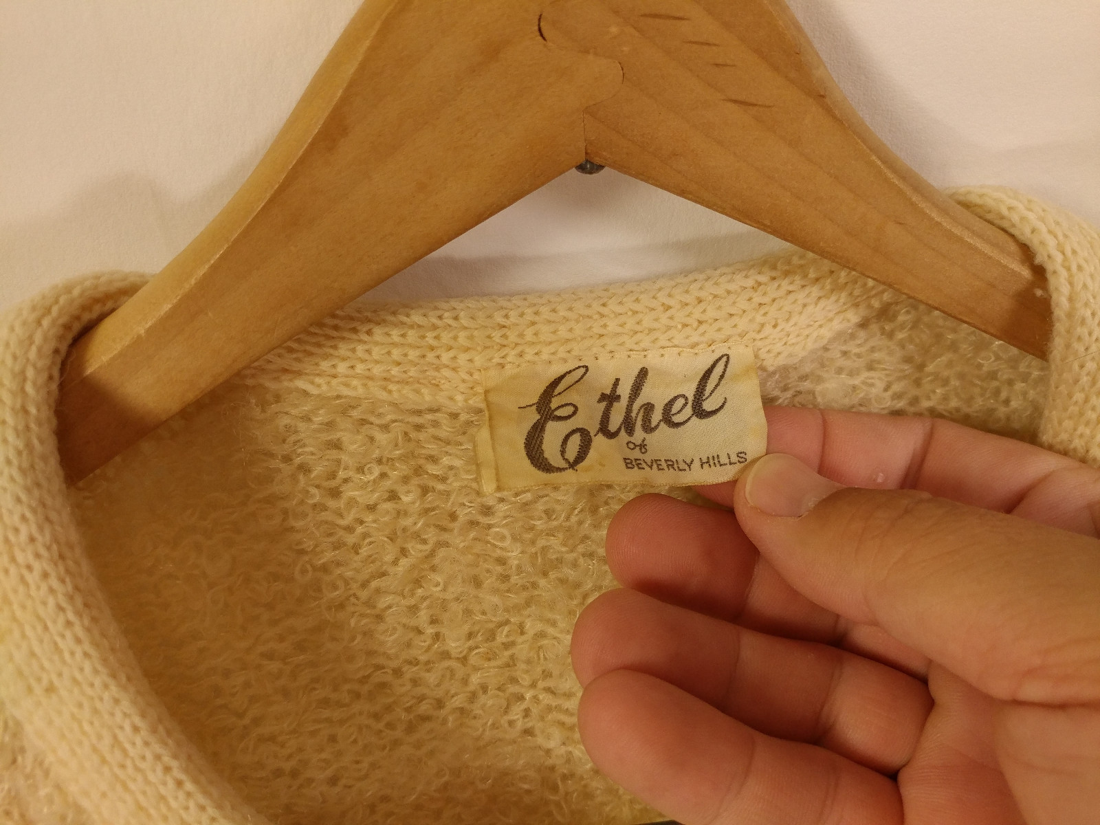 Vtg 50s Glam ETHEL of Beverly Hills Cream Pearl Cardigan Sweater Wool Up to 34″