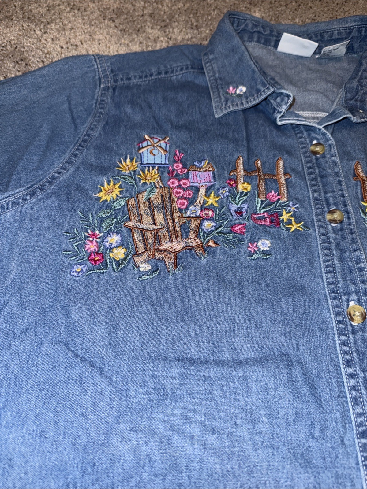 Womens 14/16W Denim Shirt Embroidered Floral Bear Garden Cottagecore Grandmacore