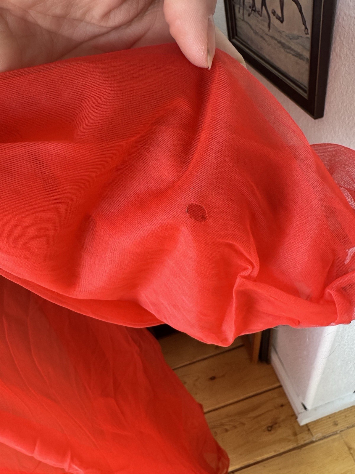 VTG 50s Sheer Red Peignoir Robe Balloon Sleeves Tie Black Trim Medium Boudoir