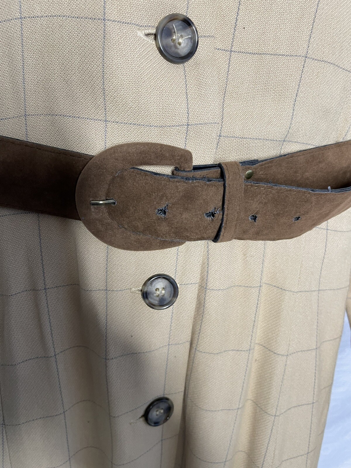 Vtg 80s Robert Riel Collection Coat Dress M-L? Beige Windowpane Faux Suede Trim