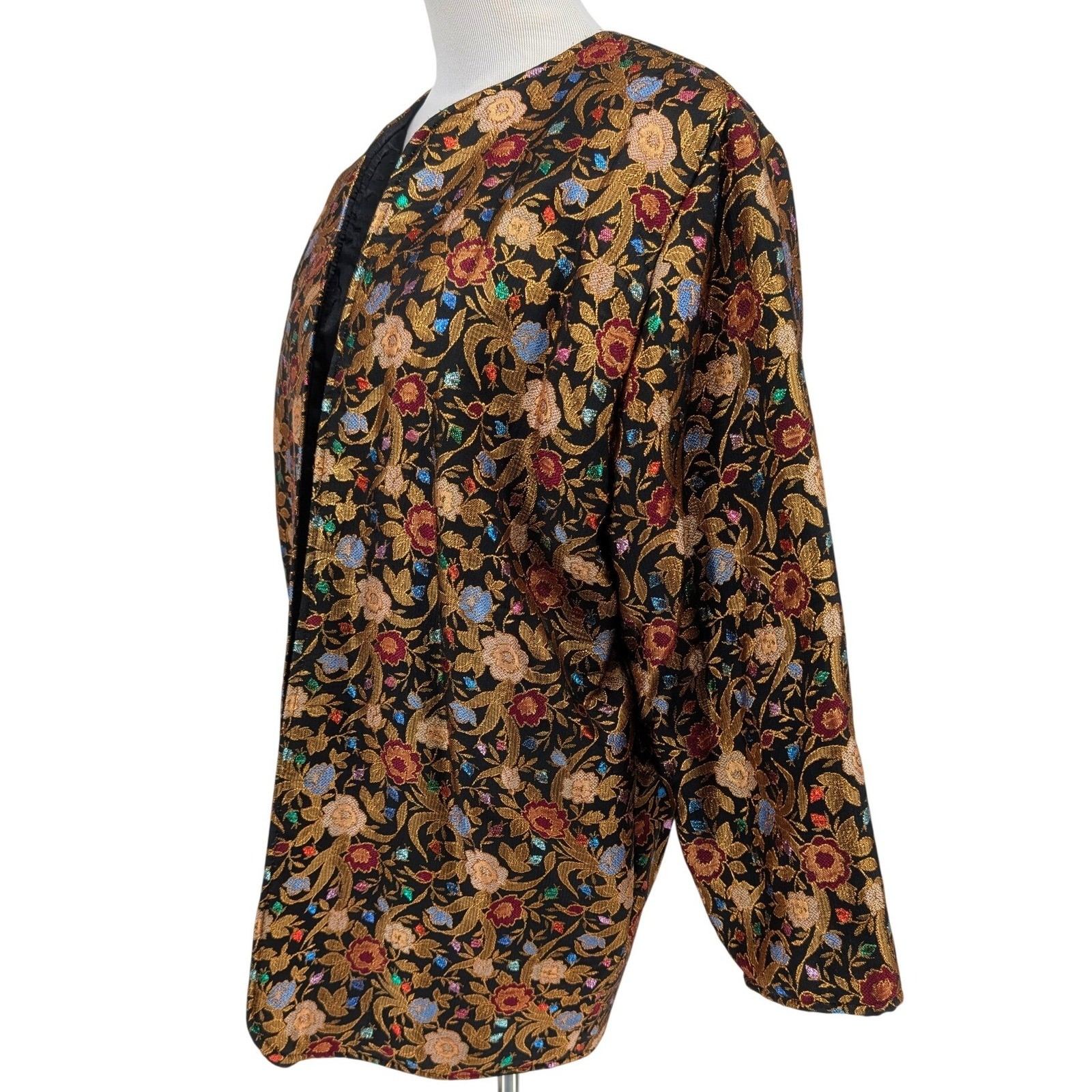 VTG 80s Satin Floral Brocade Jacket Womens M Black Gold Boho Chic Regency Whimsy