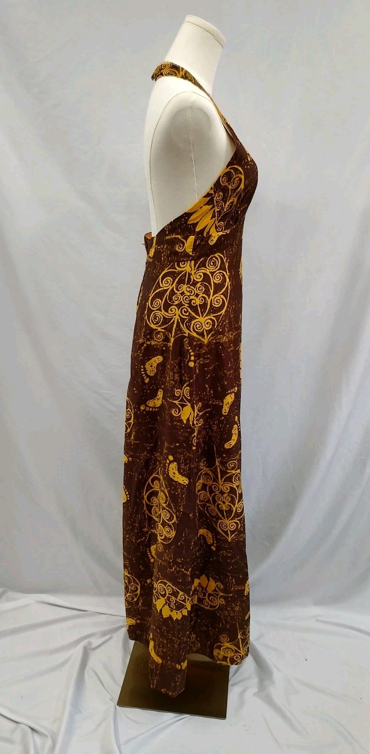 70’s Vintage Hawaiian Dress Maxi Halter Tiki Barefoot Beach Print Brown Sz XS/S