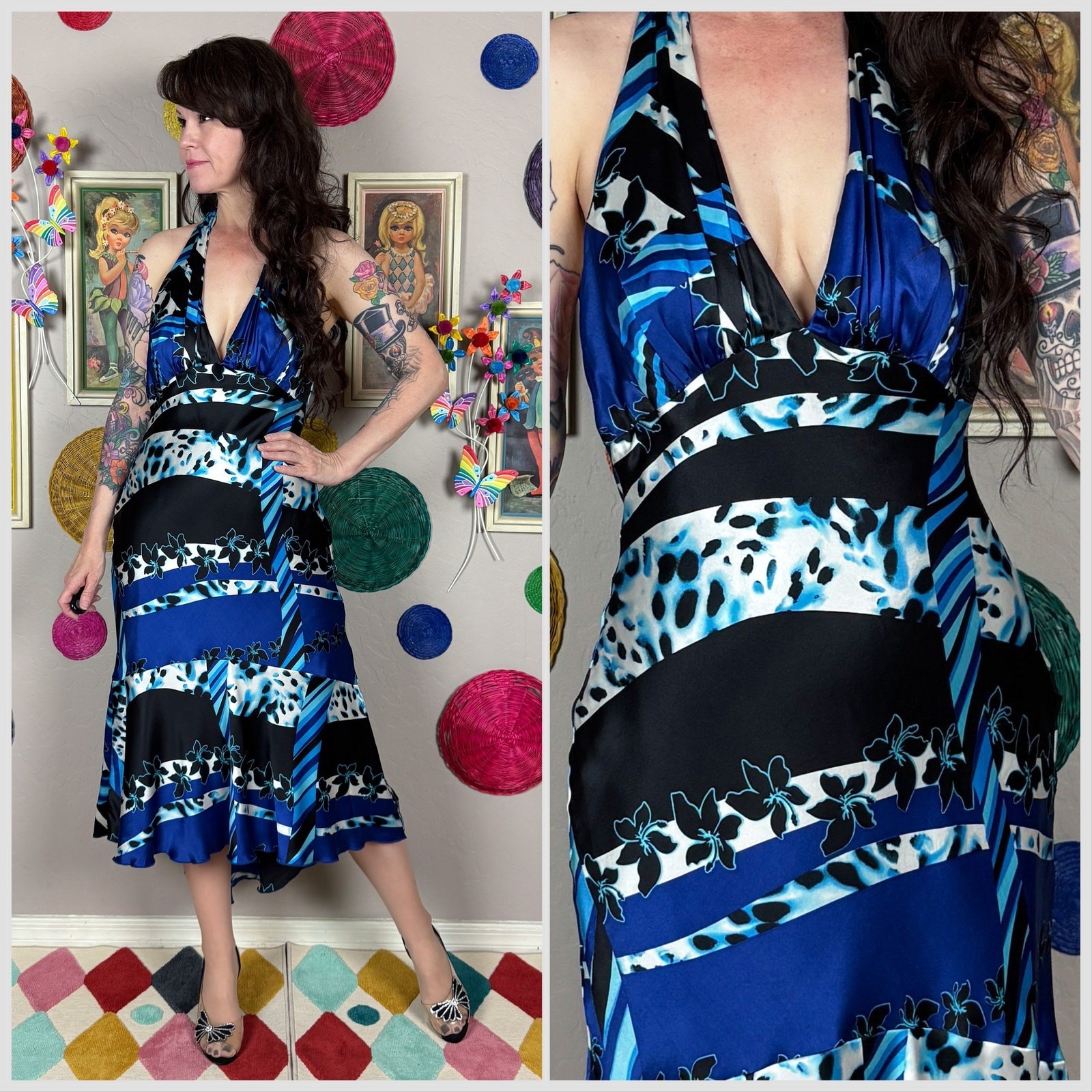 Vintage 1990s Blue & Black Abstract Print Silk Backless Halter Dress | 32″ Waist