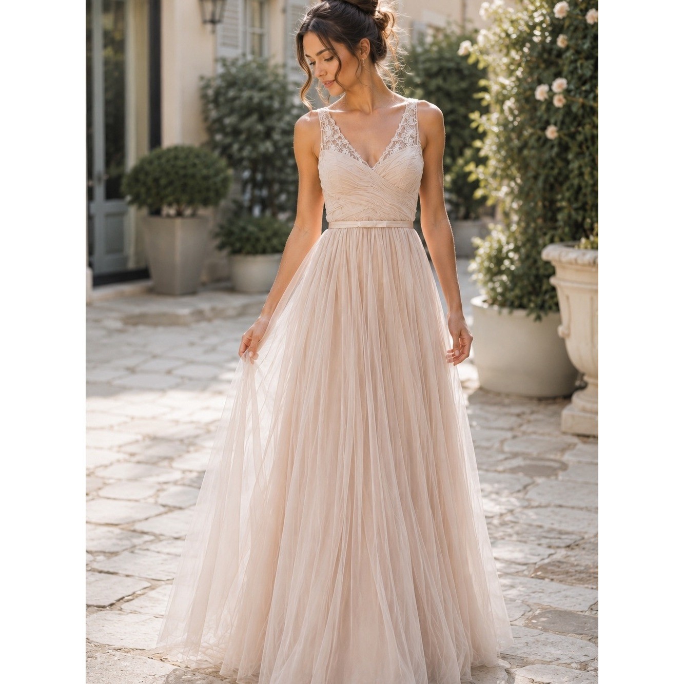 Blush Tulle Lace Maxi Gown Bridesmaid Formal Dress Size 4.