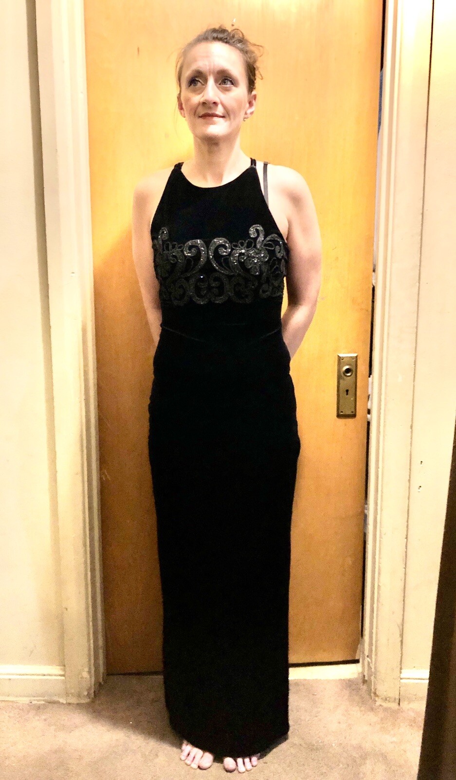 Sz 7/8 Vintage Y2K 1990s Style Maurice’s Black Velvet Halter Dress w Glitter