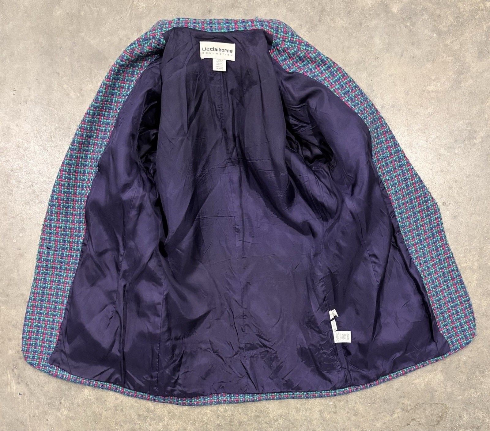 Vintage Liz Claiborne Collection Tweed Blazer Wool Blend Sz 4 Blue Pink 90s
