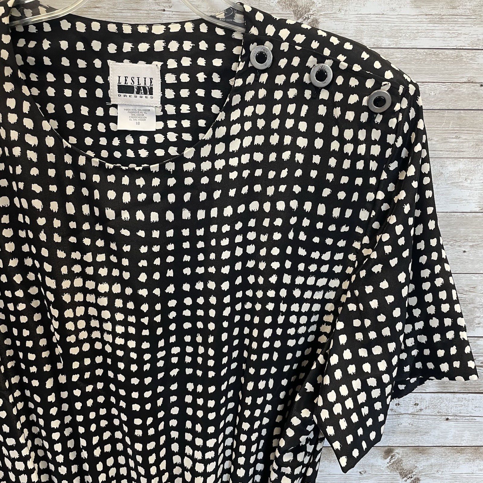 Vtg 80s Leslie Fay Womens 18 Midi Dress Abstract Polka Dot White/Black Belted