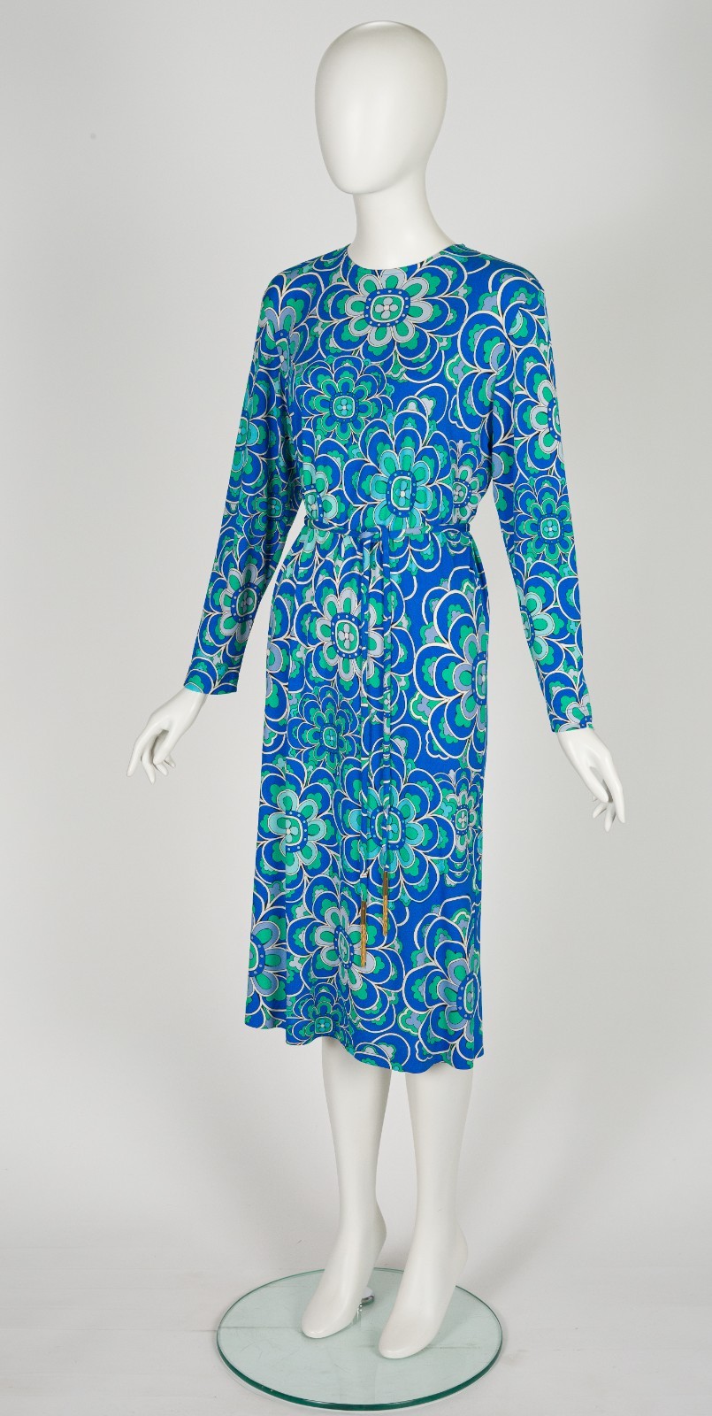 Averardo Bessi 1980s Geometric Floral Print Blue Green Silk Jersey Vintage Dress