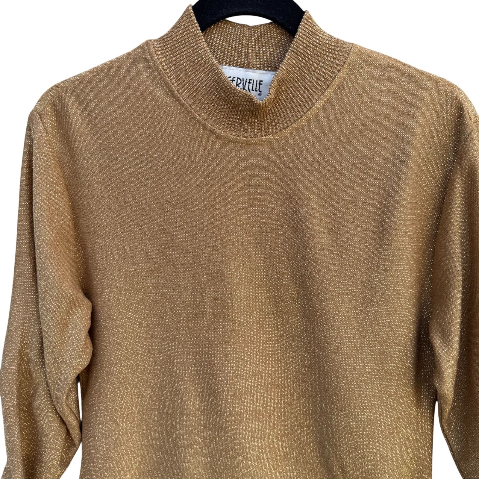 Cervelle Vintage Metallic Gold Mock Neck Shimmer Disco Knit Top S Holiday Glam
